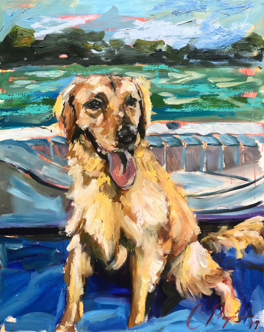 Zeus golden retriever boat lake portrait 18x24 oil on panel  10