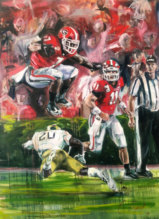 Georgia vs Notre Dame leap 24x36 oil on canvas 2